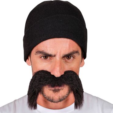 Kit bonnet noir et moustache de prisonnier pour déguisement homme | jourdefete.com