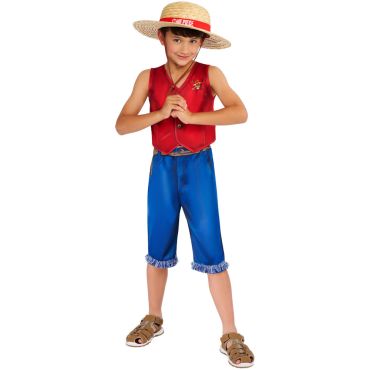 Déguisement enfant style Luffy avec chapeau de paille, gilet rouge et pantacourt bleu | jourdefete.com