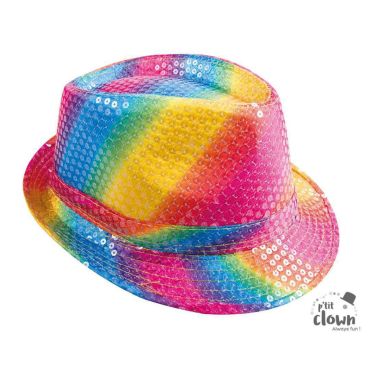 Chapeau Borsalino arc-en-ciel avec sequins brillants | jourdefete.com