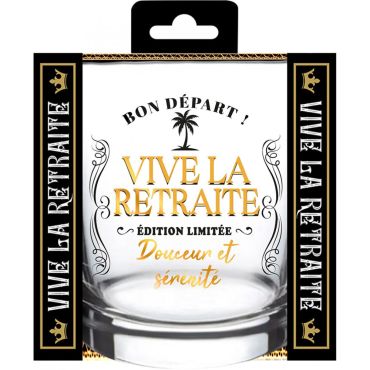 Verre à whisky noir et doré avec inscription "Vive la Retraite – Douceur et sérénité" | jourdefete.com
