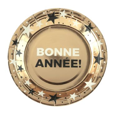 Assiettes "Bonne Année" Champagne dorées avec étoiles festives pour le Nouvel An Ø17,5 cm | jourdefete.com
