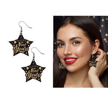 Boucles d’oreilles avec étoiles "Happy New Year" noires et dorées pour le réveillon | jourdefete.com Boucles d’oreilles avec étoiles "Happy New Year" noires et dorées pour le réveillon | jourdefete.com