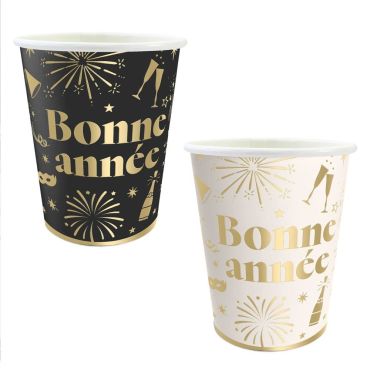 Gobelet Bonne Année Noir et Blanc avec Motifs Dorés pour un réveillon Chic Gobelet Bonne Année Noir et Blanc avec Motifs Dorés pour un réveillon Chic
