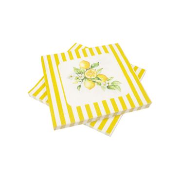 Serviettes papier rayées jaunes et blanches motif citron Riviera | jourdefete.com