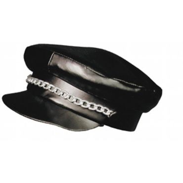 Casquette rocker noire brillante avec chaîne argentée | jourdefete.com Casquette rocker noire brillante avec chaîne argentée | jourdefete.com