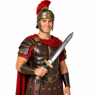 Homme souriant portant un costume de soldat romain avec armure marron, cape rouge, casque à plumet et tenant un glaive factice | jourdefete.com