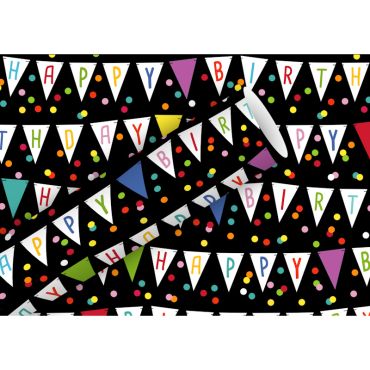 Papier cadeau Happy Birthday Fanion Noir avec fanions multicolores | jourdefete.com