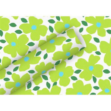Papier cadeau Poppy Pop Fresh aux fleurs vertes sur fond blanc | jourdefete.com