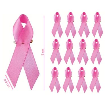 Lot de 12 petits rubans en tissu rose satiné avec épingles de sûreté pour la sensibilisation au cancer du sein | jourdefete.com