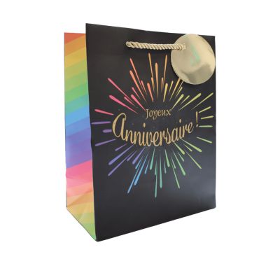 Sac cadeau Joyeux Anniversaire noir avec feux d’artifice multicolores et poignées dorées | jourdefete.com