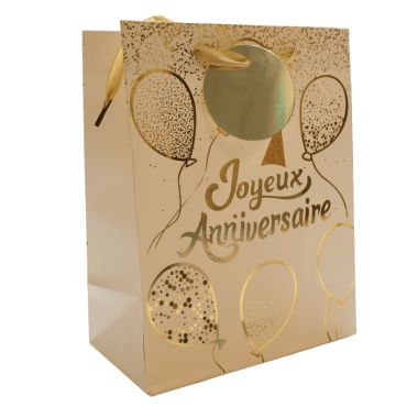 Sac cadeau Joyeux Anniversaire blanc avec ballons dorés 18x23x10 cm | jourdefete.com