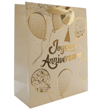 Sac cadeau Joyeux Anniversaire blanc avec ballons dorés 26x32x12 cm | jourdefete.com