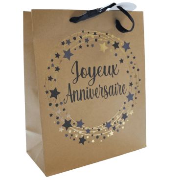 Sac cadeau Joyeux Anniversaire kraft avec étoiles dorées et noires | jourdefete.com
