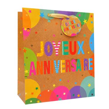 Sac cadeau kraft en papier - Joyeux Anniversaire Coloré - Taille M