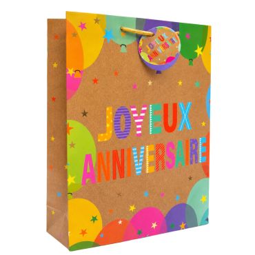 Sac cadeau kraft en papier - Joyeux Anniversaire Coloré - Taille L