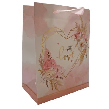 Sac cadeau romantique rose avec cœur doré et fleurs – "Love" 18x23x10 cm | jourdefete.com