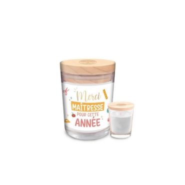 bougie en verre avec couvercle en bois merci Maîtresse
