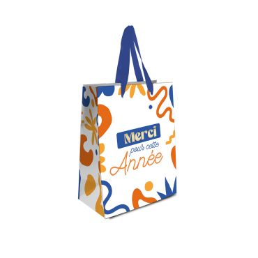Pochette cadeau colorée "Merci pour cette année" en bleu, orange et jaune avec anses bleues | jourdefete.com