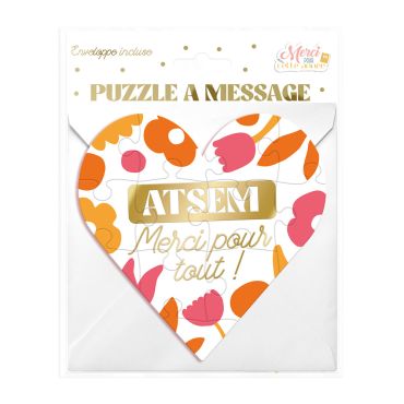 Puzzle en forme de cœur avec message Merci ATSEM, fond fleuri coloré | jourdefete.com