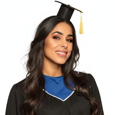 Serre-tête avec mini chapeau de diplômé noir et pompon doré | jourdefete.com