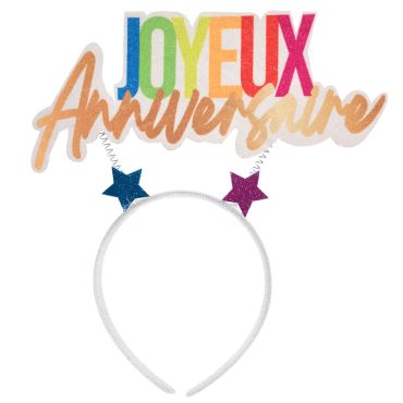 Serre-tête Joyeux Anniversaire blanc et pailleté avec étoiles scintillantes | jourdefete.com