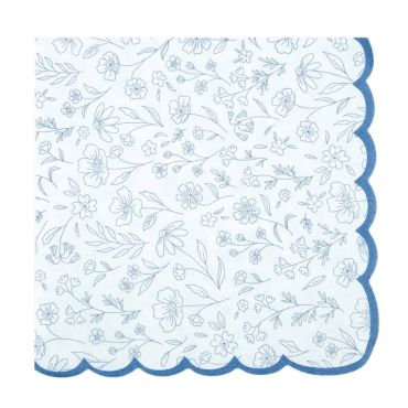 Serviettes en papier blanche avec bords festonnés et motifs de petites fleurs bleues | jourdefete.com
