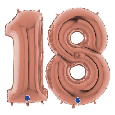 Un duo de ballons rose gold pour un anniversaire d'adulte composé du chiffre 1 et 8.