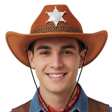 Chapeau de shérif marron avec étoile argentée style western | jourdefete.com