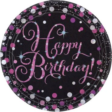 8 Assiettes "Happy Birthday" - Rose / Noir