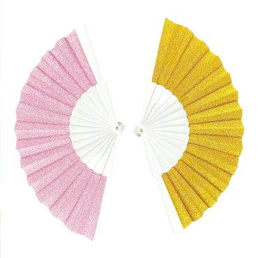 Deux éventails ouverts à paillettes brillantes, un modèle rose et un modèle doré, dotés de montures en plastique blanc | jourdefete.com