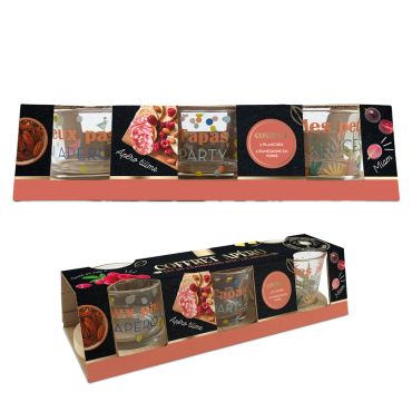 Coffret Apéro avec 3 ramequins en verre décorés et 3 planches à tapas en bois | jourdefete.com