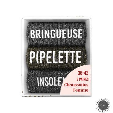 Coffret trio chaussettes femme pailletées Bringueuse, Pipelette, Insolente | jourdefete.com