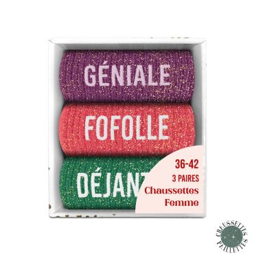 Coffret trio chaussettes pailletées femme Géniale Fofolle Déjantée | jourdefete.com