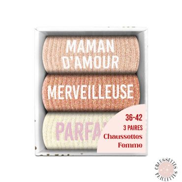Coffret trio chaussettes femme pailletées Maman d’Amour, Merveilleuse, Parfaite | jourdefete.com Coffret trio chaussettes femme pailletées Maman d’Amour, Merveilleuse, Parfaite | jourdefete.com