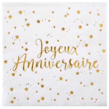 Serviettes en papier Joyeux Anniversaire avec inscription dorée et étoiles | jourdefete.com