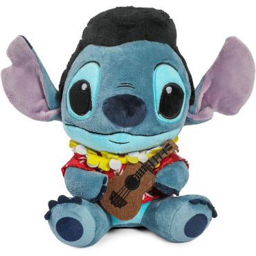 Peluche Stitch en costume hawaïen tenant un ukulélé avec une coiffure à la Elvis | jourdefete.com