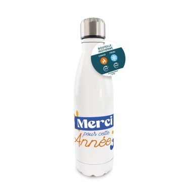 Gourde isotherme blanche Merci pour cette année avec bouchon métal | jourdefete.com