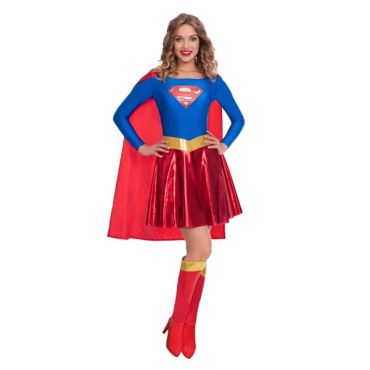 Déguisement Supergirl pour adulte avec robe bleue et rouge, cape et couvre-bottes | jourdefete.com