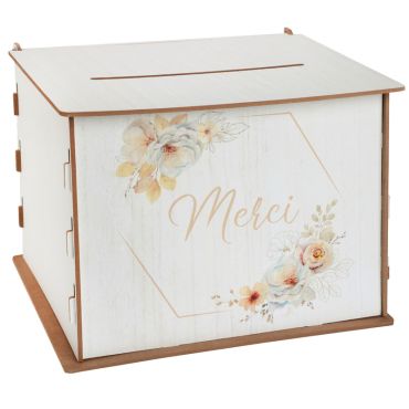 Tirelire de mariage en bois avec motifs floraux pastel et inscription "Merci" | jourdefete.com