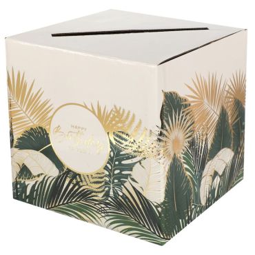 Une jolie tirelire avec écrit "Happy Birthday to you !" avec des motifs de feuilles de jungle | jourdefete.com