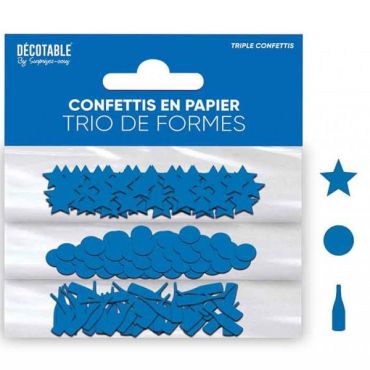 Trio de confettis en papier bleu touareg avec étoiles, ronds et bouteilles | jourdefete.com