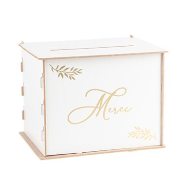 Urne en bois blanc et doré élégante avec inscription "Merci" | jourdefete.com