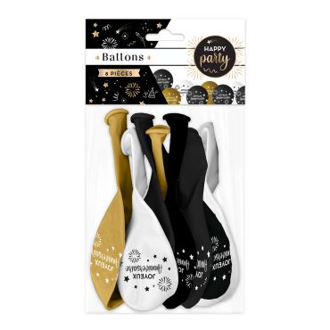 Pack de 8 ballons noir, doré et blanc "Joyeux Anniversaire" | jourdefete.com