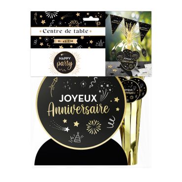 Centre de table noir et doré "Joyeux Anniversaire" pour fêtes élégantes | jourdefete.com
