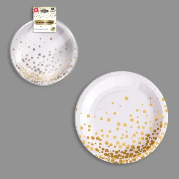 Assiettes en carton blanc et doré de 18 cm pour mariages et anniversaires | jourdefete.com