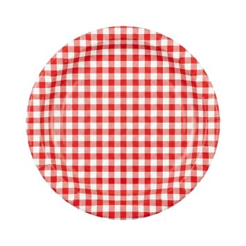 Assiettes en carton ronde avec motif à carreaux vichy rouge et blanc pour pique-nique | jourdefete.com