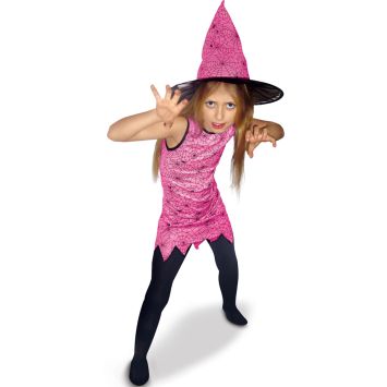 Petite fille portant un déguisement de sorcière rose avec robe imprimée toile d'araignée et chapeau pointu assorti | jourdefete.com