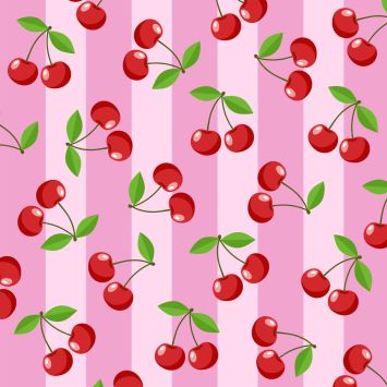 Serviettes de fête motif cerises rouges sur fond rose rayé 33x33 cm | jourdefete.com
