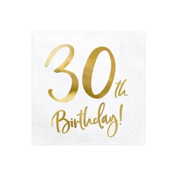 Serviettes anniversaire "30th Birthday" blanc et or | jourdefete.com