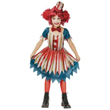 Petite fille portant un déguisement de clown vintage effrayant pour Halloween avec une robe à rayures et un mini chapeau | jourdefete.com